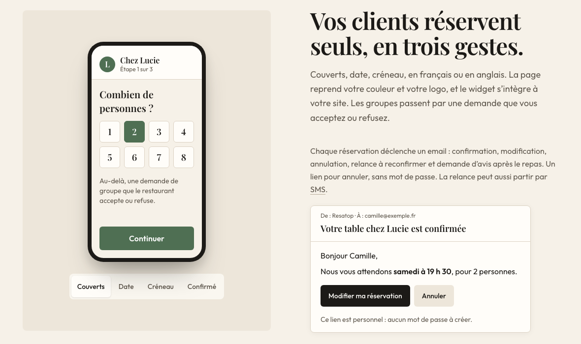 Réservation en trois gestes sur mobile et email de confirmation Resatop (données d’exemple)
